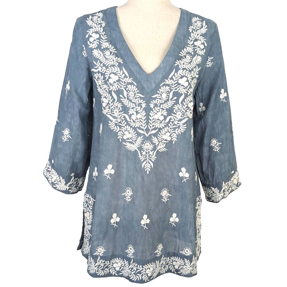Saks Fifth Avenue Women's S/P Blue 100% Linen Embroidered V-neck Tunic Top
